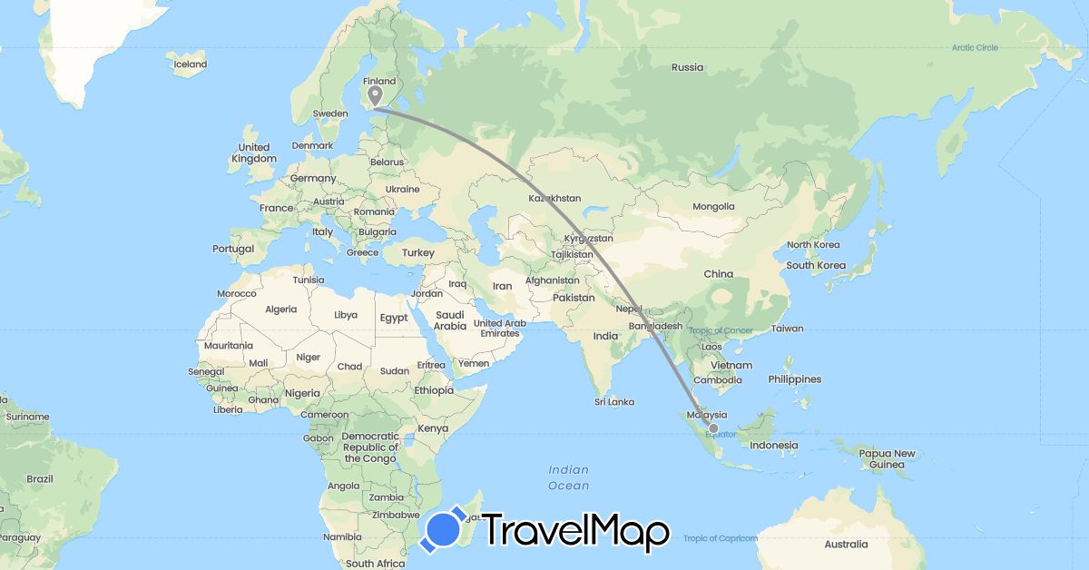 TravelMap itinerary: driving, plane in Finland, Malaysia, Singapore (Asia, Europe)